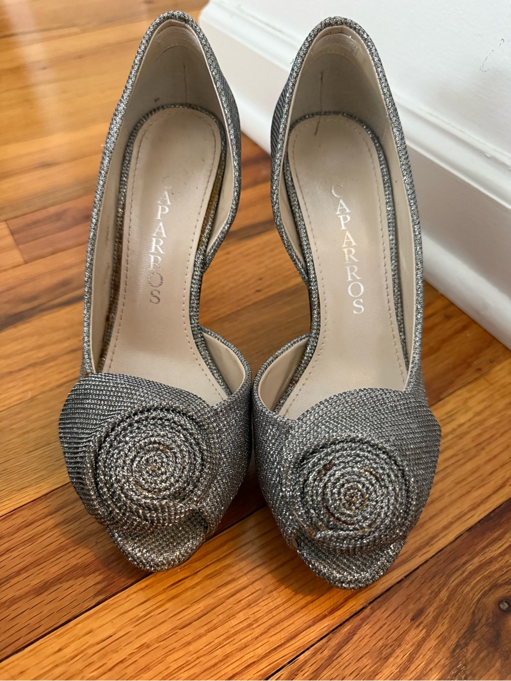 Caparros Silver Metallic Pointed-Toe Evening Pumps with Rosette